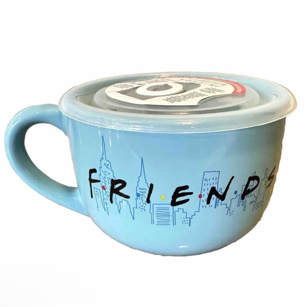 FRIENDS Cup How ya doin? Ceramic Soup Mug Joey Central Perk 24 oz Vented Lid NWT